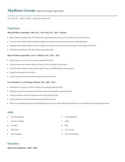 Back-Of-House Specialist Resume