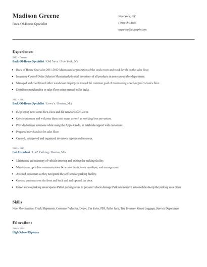 Back-Of-House Specialist Resume