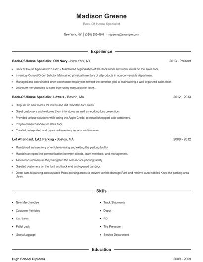 Back-Of-House Specialist Resume