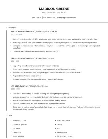 Back-Of-House Specialist Resume