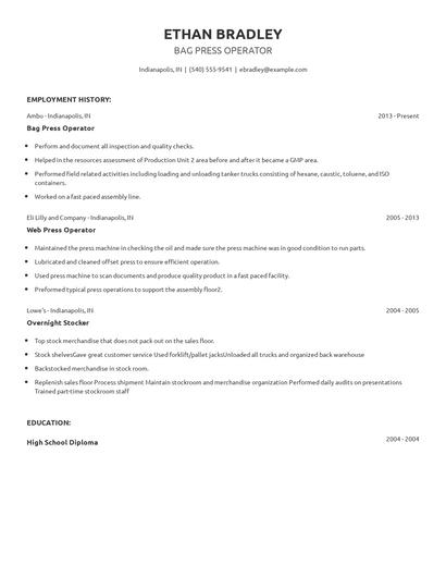 Bag Press Operator Resume