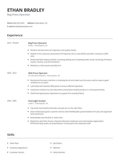 Bag Press Operator Resume