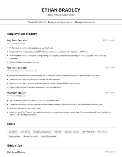 Bag Press Operator Resume