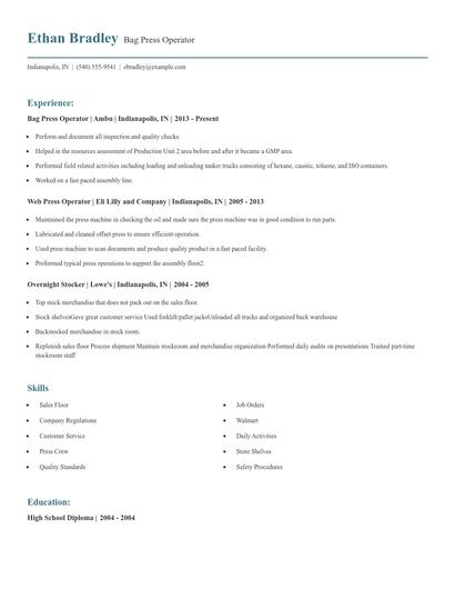 Bag Press Operator Resume