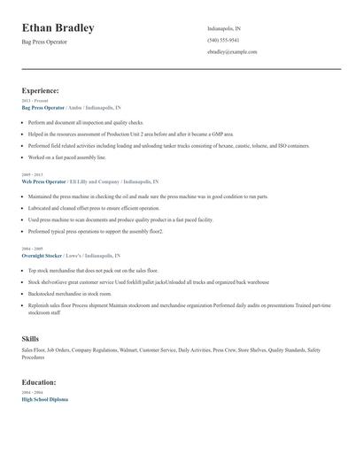 Bag Press Operator Resume