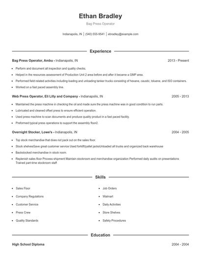 Bag Press Operator Resume