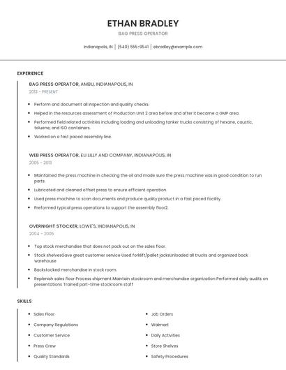 Bag Press Operator Resume