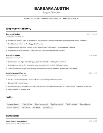 Bagger/Stocker Resume