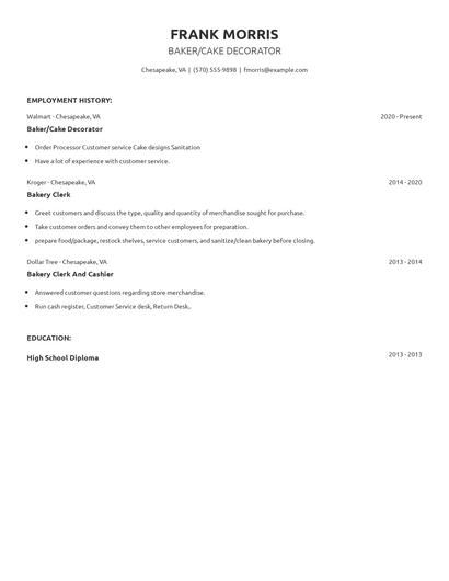 Baker/Cake Decorator Resume