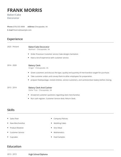 Baker/Cake Decorator Resume
