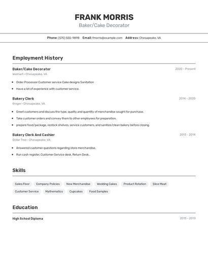 Baker/Cake Decorator Resume