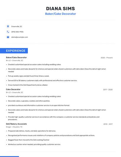 Baker/Cake Decorator Resume