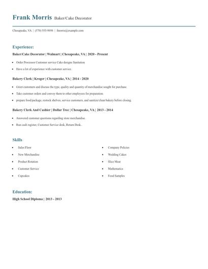 Baker/Cake Decorator Resume