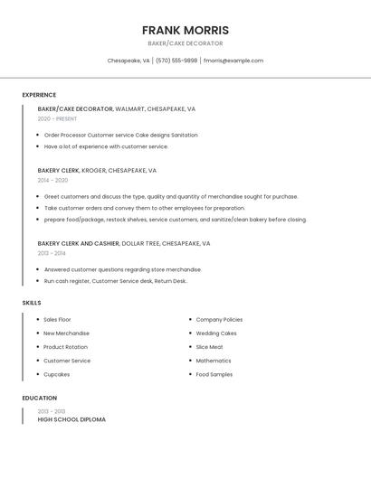 Baker/Cake Decorator Resume