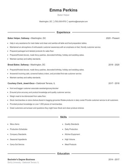 Baker Helper Resume