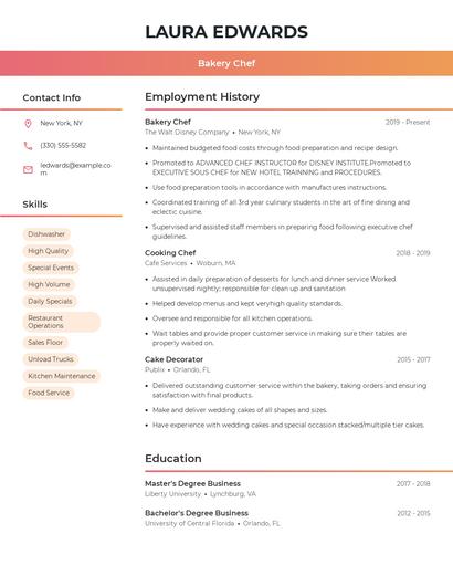 Bakery Chef Resume