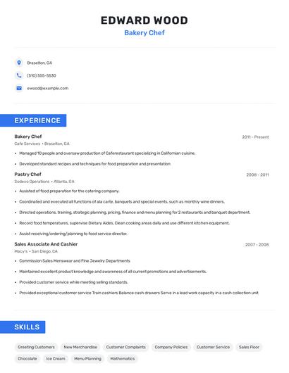Bakery Chef Resume