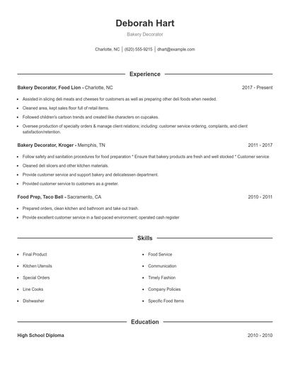 Bakery Decorator Resume