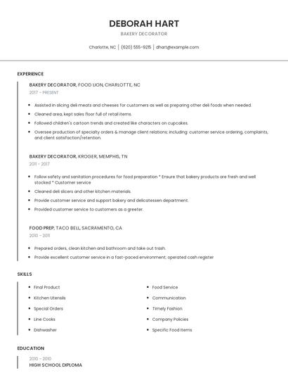Bakery Decorator Resume