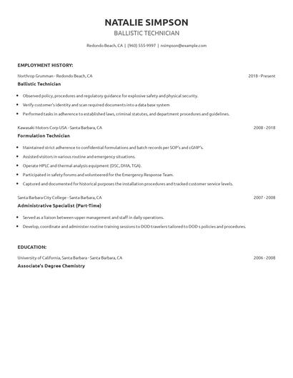 Ballistic Technician Resume