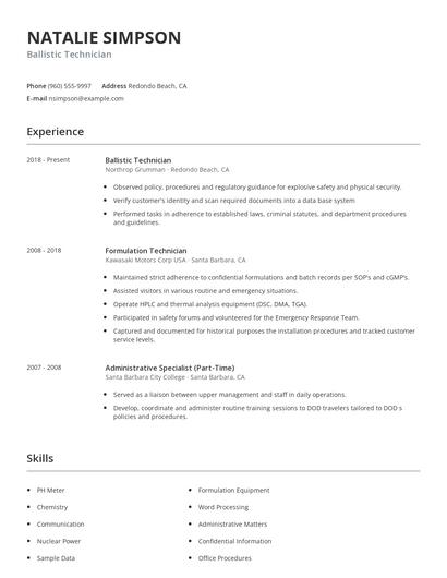 Ballistic Technician Resume