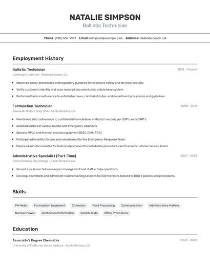 Ballistic Technician Resume