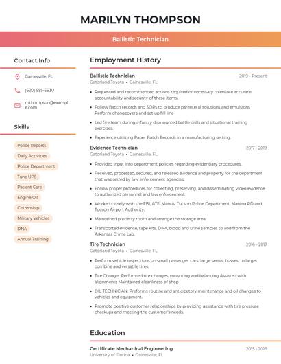 Ballistic Technician Resume