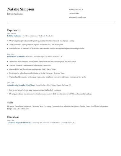 Ballistic Technician Resume
