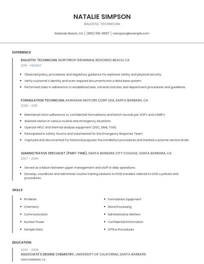 Ballistic Technician Resume