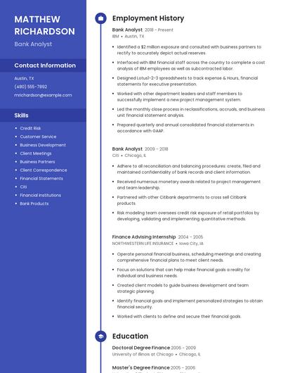 Bank Analyst Resume