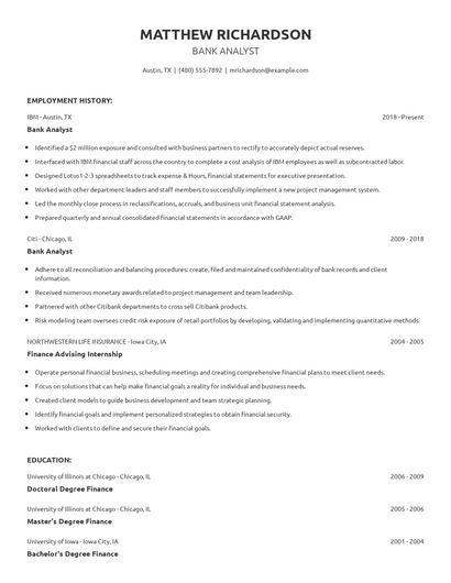 Bank Analyst Resume