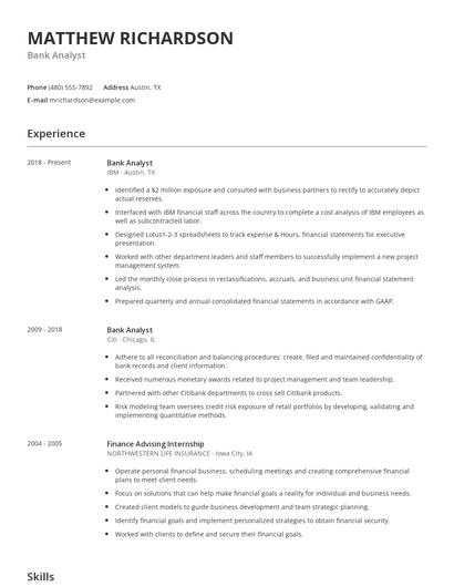 Bank Analyst Resume
