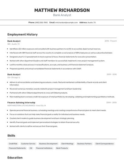 Bank Analyst Resume