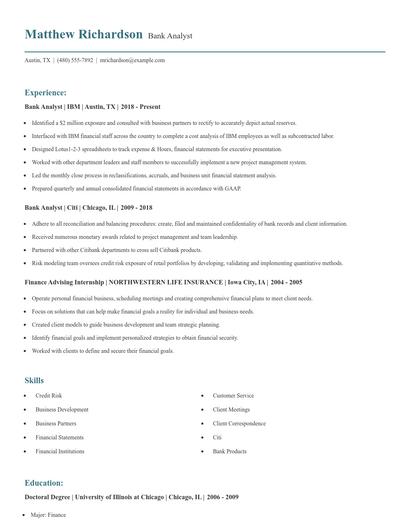 Bank Analyst Resume