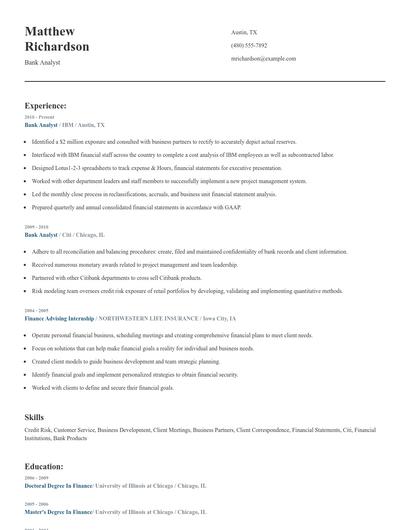 Bank Analyst Resume