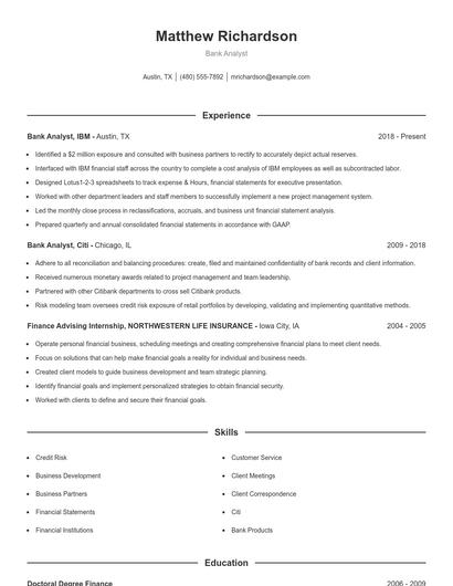 Bank Analyst Resume