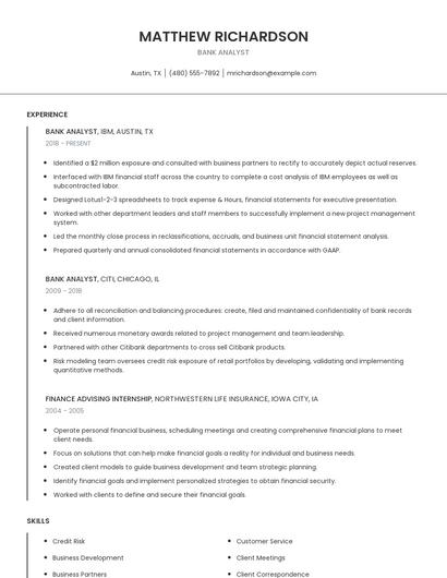 Bank Analyst Resume