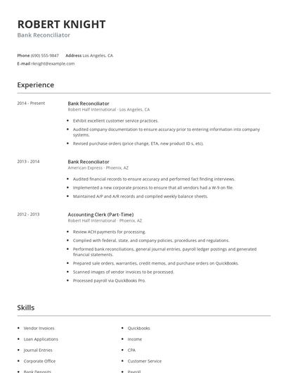 Bank Reconciliator Resume