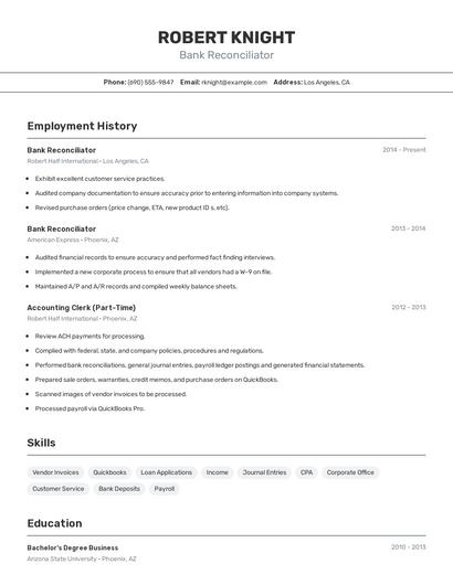 Bank Reconciliator Resume