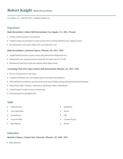 Bank Reconciliator Resume