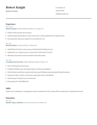 Bank Reconciliator Resume