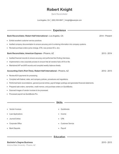 Bank Reconciliator Resume