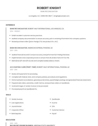 Bank Reconciliator Resume