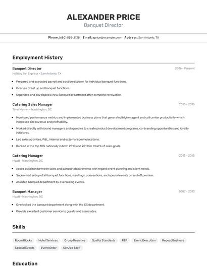 Banquet Director Resume