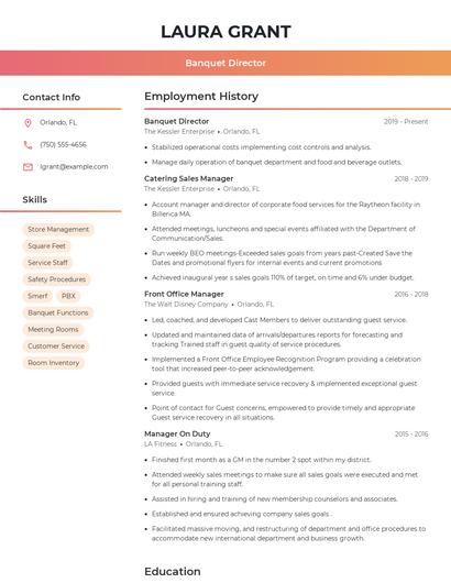 Banquet Director Resume