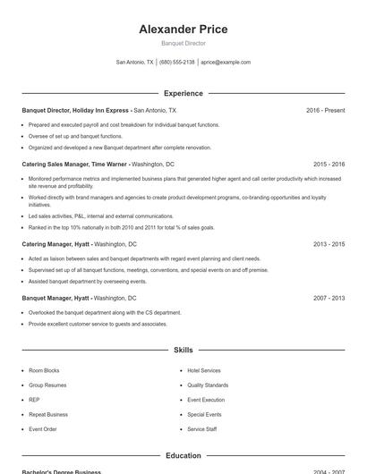 Banquet Director Resume