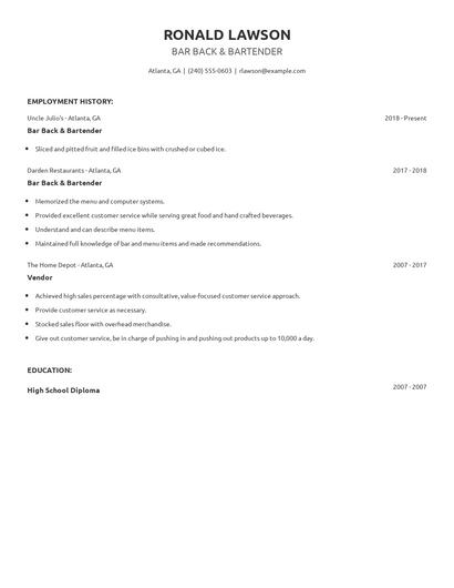 Bar Back & Bartender Resume