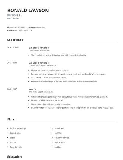 Bar Back & Bartender Resume