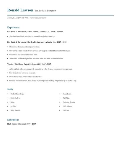 Bar Back & Bartender Resume