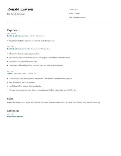 Bar Back & Bartender Resume